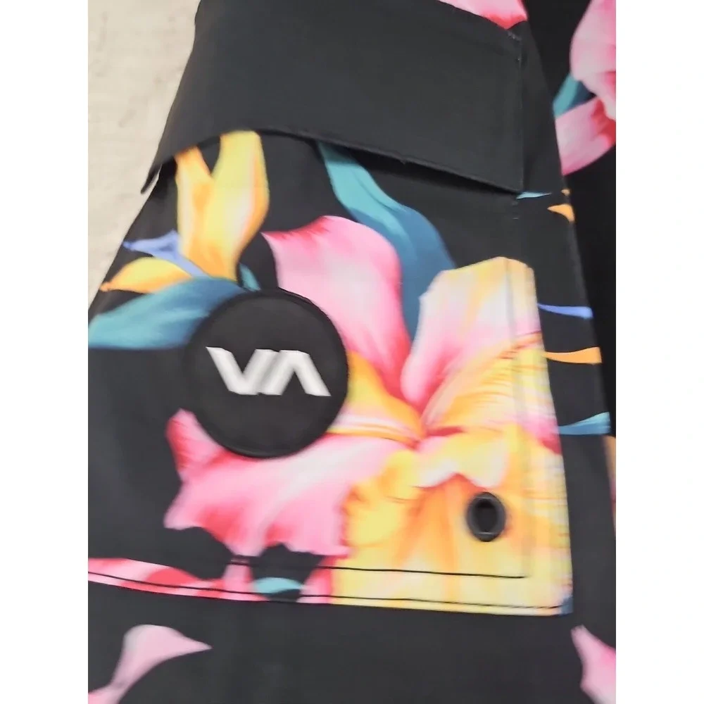 RVCA Surf Board Shorts Mens Size 29 Hawaiian Hibiscus Flowers Black New With Tag